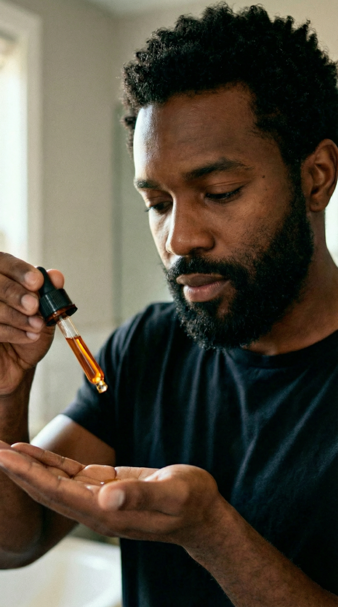 Illustration of a man dispensing beard oil into his palm.