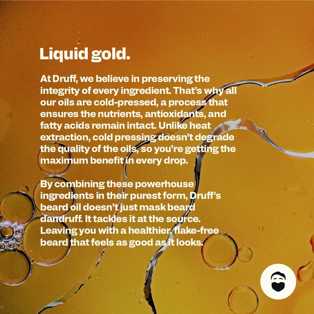 Advertisement for Druff beard oil with text about ingredient integrity and benefits on an orange background.